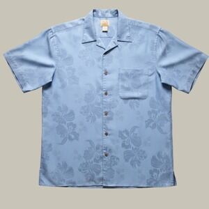Jos A Bank Shirt Mens Large Blue Floral Jacquard Camp Collar Button Up Hawaiian